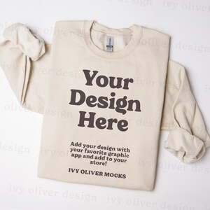 Gildan 18000 Sand Sweatshirt Mockup: Crewneck Flatlay (JPG Digital Download)