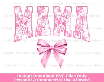 Pink Toile Mama PNG: Coquette Bow, Floral Design (Digital Download)