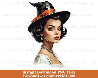 Retro Halloween Witch PNG Clipart Download, Vintage Halloween Clip Art, Sublimation Design for Digital Stickers, Junk Journal Scrapbooking