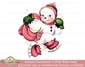 Pink Christmas Snowman PNG: Retro Holiday Clipart (Digital Download)