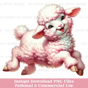 Retro Ostern PNG Sublimation Clipart, Lamm Rosa Osterkarte zum Ausdrucken, Junk Journal Ephemera, Vintage Ostern PNG Design Sublimationsdesign