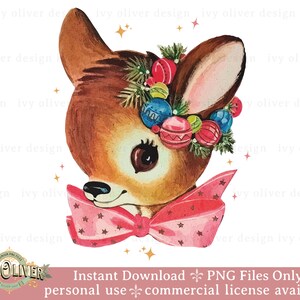 May include: A vintage illustration of a cartoon deer with a pink bow and a wreath of colorful ornaments on its head. The deer has large brown eyes and a light brown nose. The background is white.