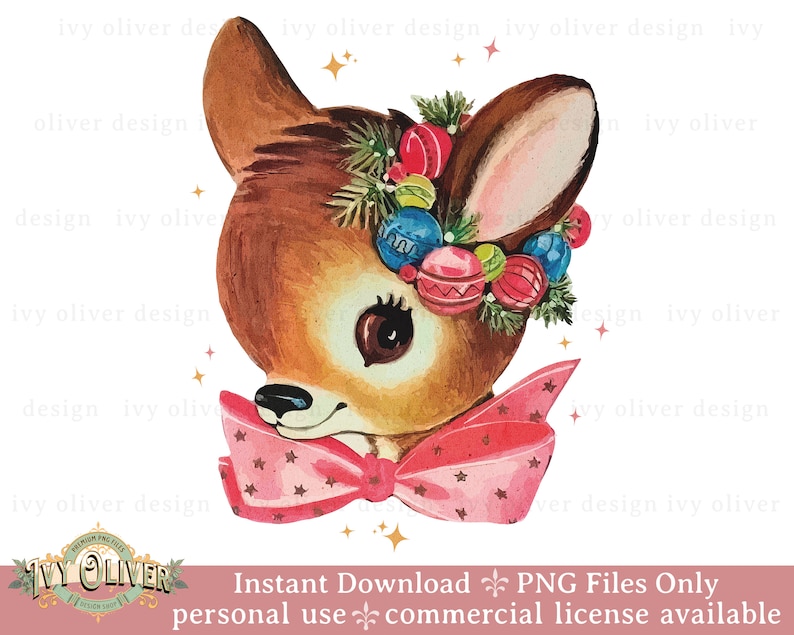 May include: A vintage illustration of a cartoon deer with a pink bow and a wreath of colorful ornaments on its head. The deer has large brown eyes and a light brown nose. The background is white.