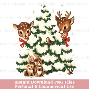 Retro Weihnachtsbaum Clipart PNG Download, Vintage Weihnachts Clip Art, Rentier Sublimationsdesign für Hemden Aufkleber Junk Journal Ephemera
