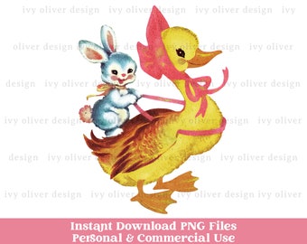 Vintage Easter Bunny & Duck PNG Clipart: Retro Easter Design (Digital Download)