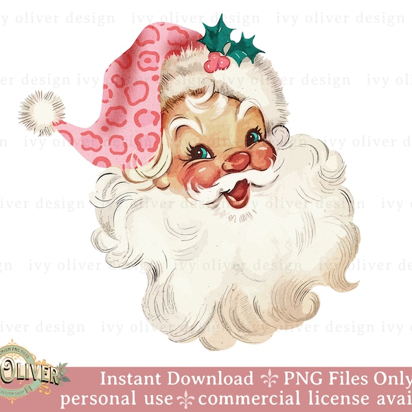 Pink Leopard Santa PNG Sublimation Design Gift, Retro Christmas Digital Download, Vintage Santa Clipart, Pink Christmas Pink Santa Printable