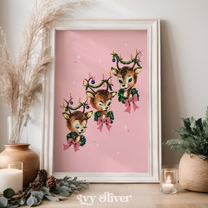 Retro Weihnachten Print Wand Kunst Download, Preppy Print, Rentier rosa Weihnachten Wandkunst, Vintage Weihnachten Kinderzimmer Print Party druckbare Kunst