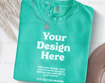 Comfort Colors Island Green Shirt Mockup: C1717 Flatlay Folded T-Shirt (Digital Download)