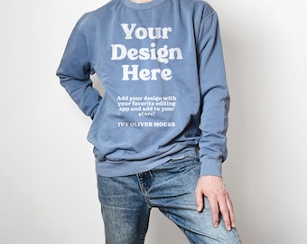 Comfort Colors 1566 Blue Jean Sweatshirt Male Model Mockup (Digital File)