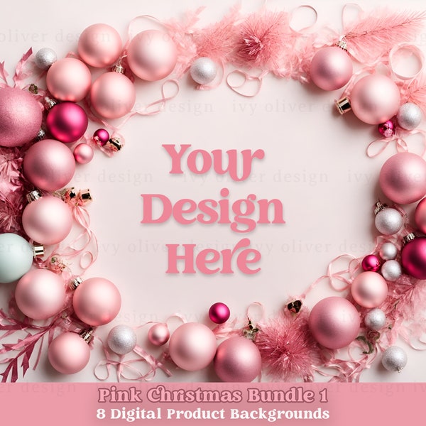 Pink Christmas Flatlay Bundle, 8 Digital Product Backdrops, Flat Lay Christmas Mockups Commercial Use, Photography Overlay Background Photos