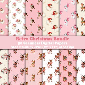 Retro Weihnachten 50 Digitales Papier Bundle Download, Vintage rosa Weihnachten druckbare Kunst, Junk Journal Ephemera, Scrapbooking, Stoffdruck
