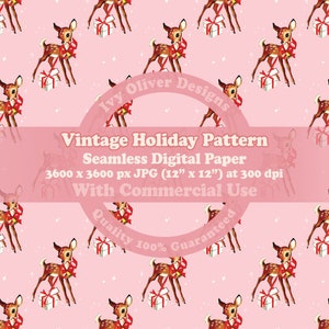 Retro Christmas Seamless Pattern Download, Vintage Reindeer Pink Christmas Holiday Sublimation Design, Junk Journal Digital Paper Printable