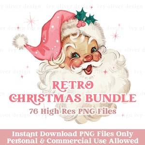 Pacote de Natal PNG para sublimação, uso comercial permitido, gráfico de Papai Noel rosa, download de rena, design de camisa de boneco de neve, clipart vintage