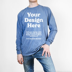 Comfort Colors 6014 Blue Jean Long Sleeve Shirt Mockup: Male Model Mock Up (Download)