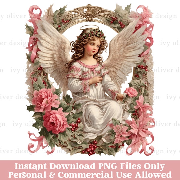 Victorian Christmas PNG Sublimation Download, Pink Christmas Angel Clipart, Vintage Holiday PNG Clip Art, Angel Wings Junk Journal Printable