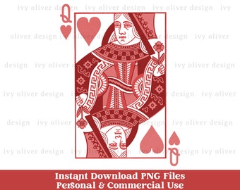 May include: Red Queen of Hearts playing card illustration with a white background. The Queen is depicted in a red dress with a crown and holding a flower. The card has a large red heart in the upper right corner and a smaller red heart in the lower left corner.