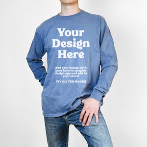 Comfort Colors 6014 Blue Jean Long Sleeve Shirt Mockup: Male Model Mock Up (Download)