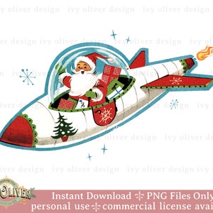 Download de sublimação de PNG de Papai Noel retrô, clipart de nave espacial de Papai Noel retrô de Natal, sublimação de Natal vintage para impressão, PNG de Papai Noel vintage