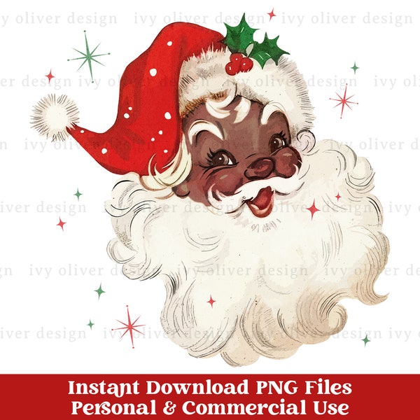 Retro Black Santa Christmas Clipart PNG, African American Santa Vintage Christmas Clip Art, Sublimation Design Download for Shirt Mugs Gifts