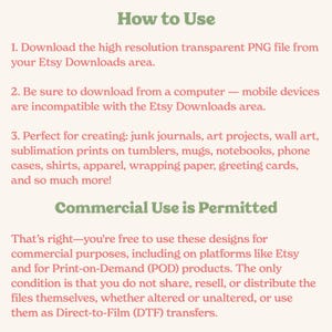 May include: Text on a pink background with the title "How to Use" and instructions on how to download and use a high resolution transparent PNG file. The text also states that commercial use is permitted and explains the terms of use.