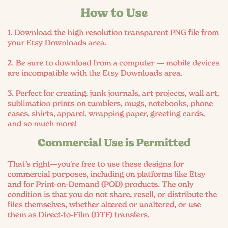 May include: Text on a pink background with the title "How to Use" and instructions on how to download and use a high resolution transparent PNG file. The text also states that commercial use is permitted and explains the terms of use.