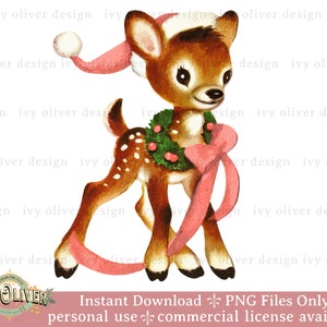 Reno de Papá Noel rosa retro PNG: Clipart navideño vintage (Descarga digital)