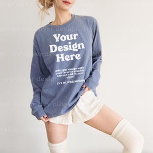 Comfort Colors 6014 Mockup: Blue Jean Long Sleeve Shirt (JPG Digital File)