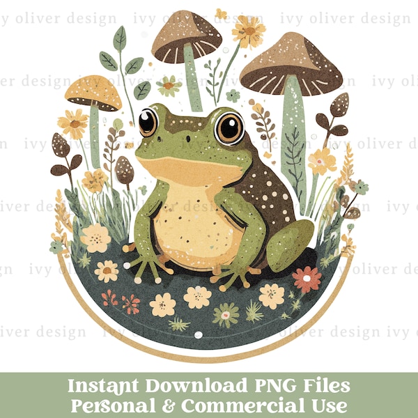 Cottagecore Clipart PNG Download, Boho Frog Toad Mushroom Clip Art PNG, Sublimation Designs for Shirts, Junk Journal Scrapbooking Printable