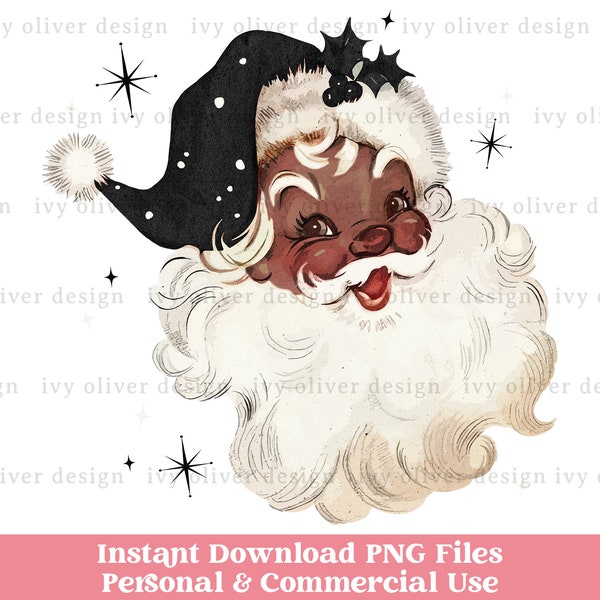 Retro Black Santa Christmas Clipart PNG, African American Santa Vintage Christmas Clip Art, Sublimation Design Download for Shirt Mugs Gifts