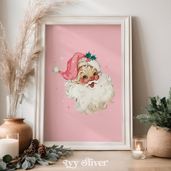 Retro Pink Christmas Print Wall Art Download, Pink Santa Wall Art Printable Poster, Vintage Christmas Decor, Fall Prints, Party Printables