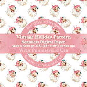 Retro Pink Santa Seamless Pattern Digital Paper Download, Vintage Pink Christmas Sublimation Design, Cottagecore Junk Journal Holiday Print