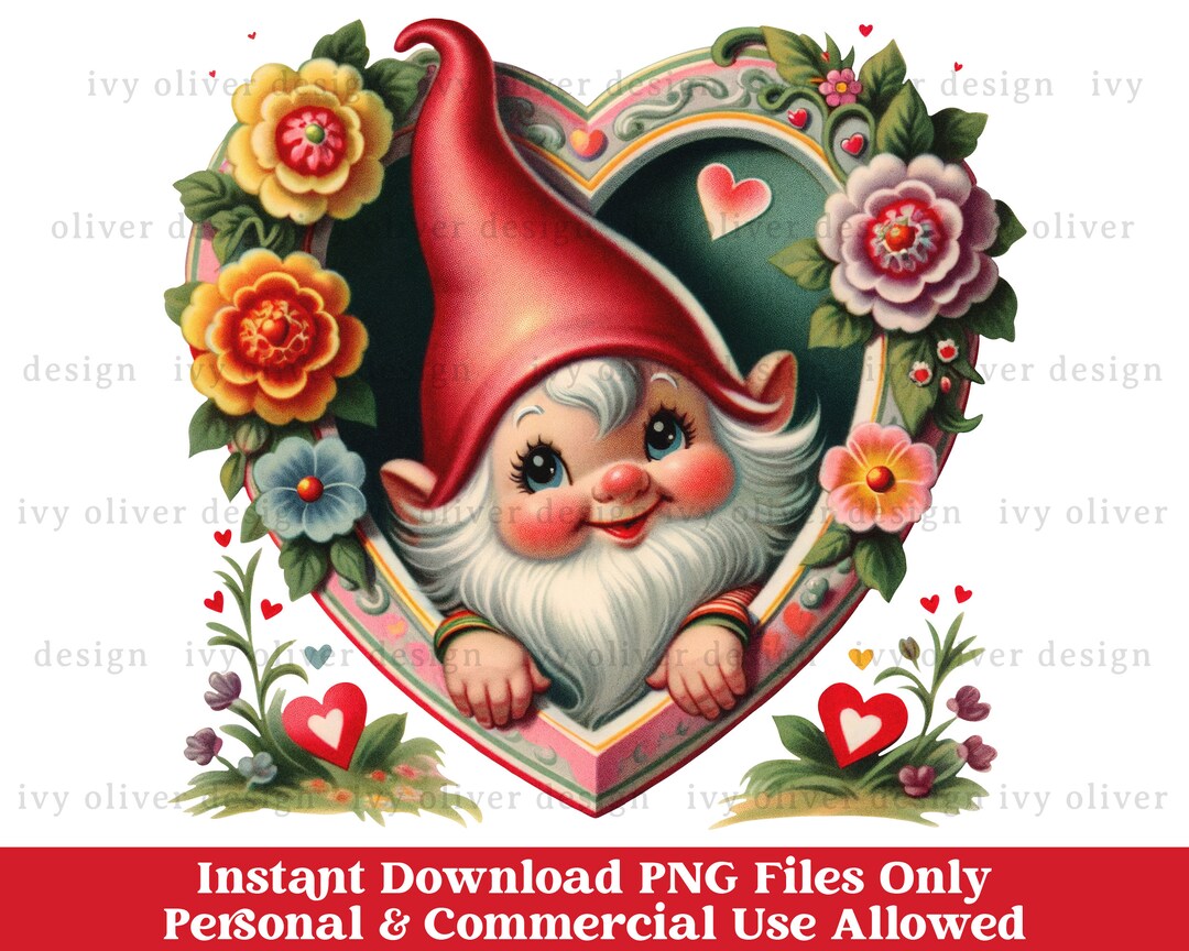 Retro Valentine Gnome PNG Clipart, Vintage Valentine Card Printable ...