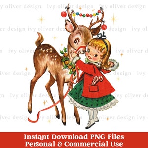 Retro Weihnachten Clipart PNG Download, Vintage Weihnachten Clip Art, Rentier Sublimationsdesign für Hemden Tassen Aufkleber Junk Journal Ephemera