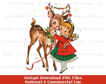 May include: A vintage Christmas illustration featuring a girl in a red coat and a deer adorned with ornaments. The deer has a garland around its neck. The image includes the text "Instant Download PNG Files Personal & Commercial Use".