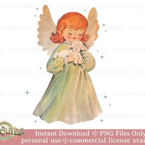 May include: A vintage illustration of an angel with wings holding a white lamb in her arms. The angel is wearing a green dress and has red hair. The background is white with a few small stars.