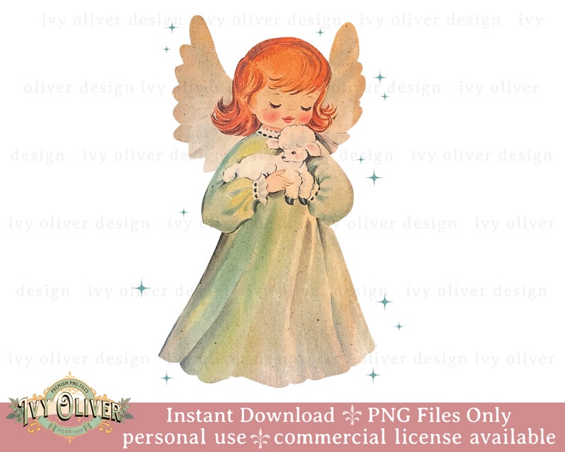 May include: A vintage illustration of an angel with wings holding a white lamb in her arms. The angel is wearing a green dress and has red hair. The background is white with a few small stars.