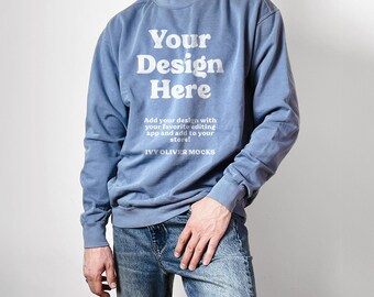 Blue Jean Comfort Colors 1566 Sweatshirt Mockup: Male Model Mock Up (Digital Download)