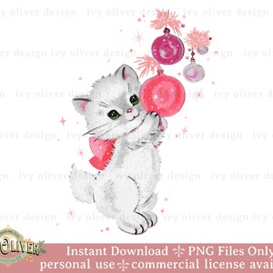 Retro Weihnachten PNG Sublimation Design Geschenk, süße Katze mit Ornamenten Vintage Weihnachtscliparts, Weihnachten Sublimation Download Druckbare PNG
