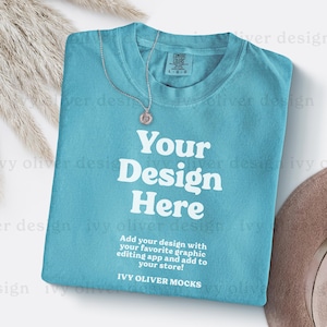 Comfort Colors C1717 LAGOON BLUE Shirt Mockup 1717 Folded Mockup Comfort Colors Flatlay Shirt Trendy Mockup Lagoon Blue Mock Up Flat Shirt