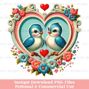 Retro Valentine Sublimation PNG Clipart, Cartão de Pássaro Valentine Imprimível Dia dos Namorados, Ephemera Vintage, Design de Coração PNG Design de Sublimação
