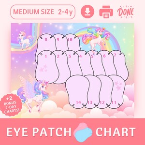 May include: A printable unicorn-themed eye patch chart with 14 spaces for eye patches. The chart features a rainbow, clouds, and two unicorns. The text "EYE PATCH CHART" is at the bottom of the chart. The text "+2 BONUS 7-DAY CHARTS!" is in a circle at the bottom left of the chart.