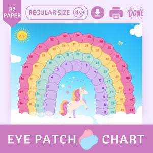 May include: A colourful rainbow eye patch chart with numbers 1 to 63 in a rainbow pattern. A unicorn with a pink mane and tail is in the centre of the chart. The chart is designed for children to use for eye patch therapy.