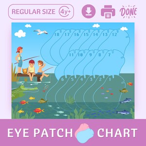 Pode incluir: Um gráfico de remendo para o olho azul e verde com 18 círculos numerados. O gráfico apresenta uma ilustração de desenho animado de três crianças pescando em um cais. O texto "EYE PATCH CHART" está na parte inferior do gráfico.