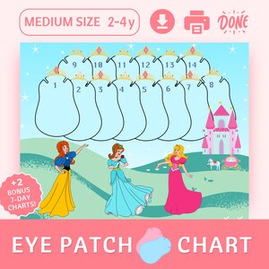 Könnte beinhalten: Ein druckbarer Augenklappen-Chart mit Prinzessinnen-Motiv. Der Chart hat 14 Felder für Augenklappen, wobei jedes Feld nummeriert ist. Die Illustration zeigt drei Prinzessinnen, eine mit einem gelben, eine mit einem blauen und eine mit einem rosa Kleid. Der Chart enthält auch ein Schloss, eine Kutsche und ein Pferd. Der Text "EYE PATCH CHART" befindet sich am unteren Rand des Charts. Der Text "+2 BONUS 7-DAY CHARTS!" befindet sich in einem Kreis unten links auf dem Chart.