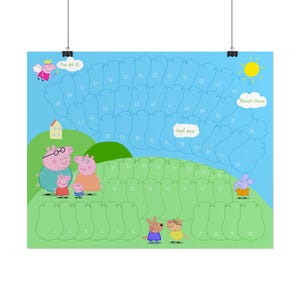 May include: A Peppa Pig themed reward chart on a light blue background with green hills. It features numbered shapes from 1 to 60, a yellow sun, and characters including Peppa, George, Mummy Pig, Daddy Pig, and friends. Text includes You did it!, Half way, and Almost there!
