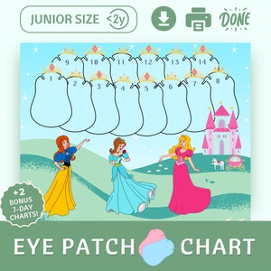 Pode incluir: Um gráfico de remendo para o olho imprimível com tema de princesa. O gráfico tem 14 espaços para remendo para o olho, cada um com uma coroa e um número. Há três princesas na imagem, duas com vestidos amarelos e rosa e uma com um vestido azul. O texto "JUNIOR SIZE <2y" e "DONE" estão na parte superior do gráfico. O texto "+2 BONUS 7-DAY CHARTS!" está na parte inferior do gráfico. O texto "EYE PATCH CHART" está na parte inferior da imagem.