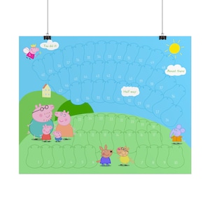 May include: A Peppa Pig themed reward chart featuring a blue sky and green hills. The chart includes numbered shapes from 1 to 60, illustrations of the pig family and friends, a yellow sun, and text bubbles that read You did it, Half way, and Almost there.