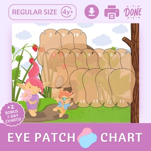 Pode incluir: Um gráfico de remendo para o olho imprimível com os números de 1 a 14, com uma ilustração de desenho animado de uma menina e um menino em um ambiente de floresta. O gráfico é projetado para crianças de 4 anos em diante e inclui dois gráficos de bônus de 7 dias.