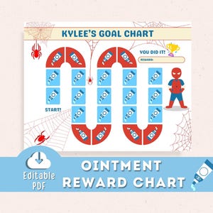 May include: A printable ointment reward chart with a superhero theme. The chart features a path with spaces for stickers, a Spider-Man character, and the text "KYLEE'S GOAL CHART" and "OINTMENT REWARD CHART".