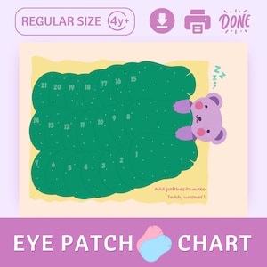 May include: A printable eye patch chart featuring a green teddy bear with 21 numbered patches to be cut out and used to make a teddy bear warmer. The chart includes the text "Add patches to make Teddy warmer!" and "EYE PATCH CHART".